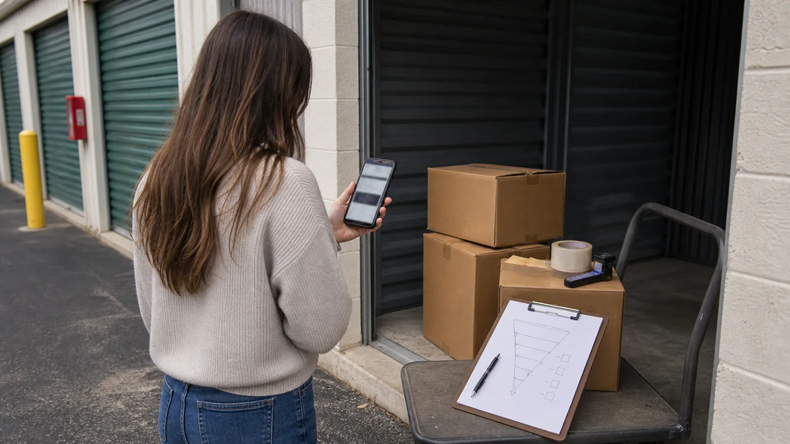 Renter checking a booking screen at a self-storage unit threshold with boxes and a funnel checklist nearby.