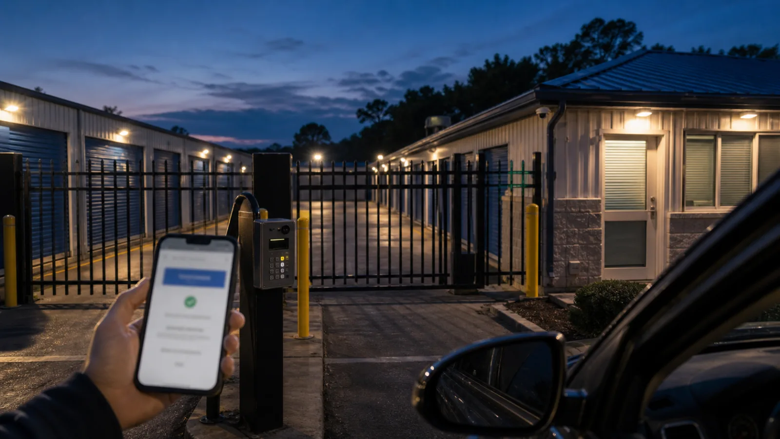 After-hours self-storage gate and keypad with a renter checking a reservation confirmation from a car.